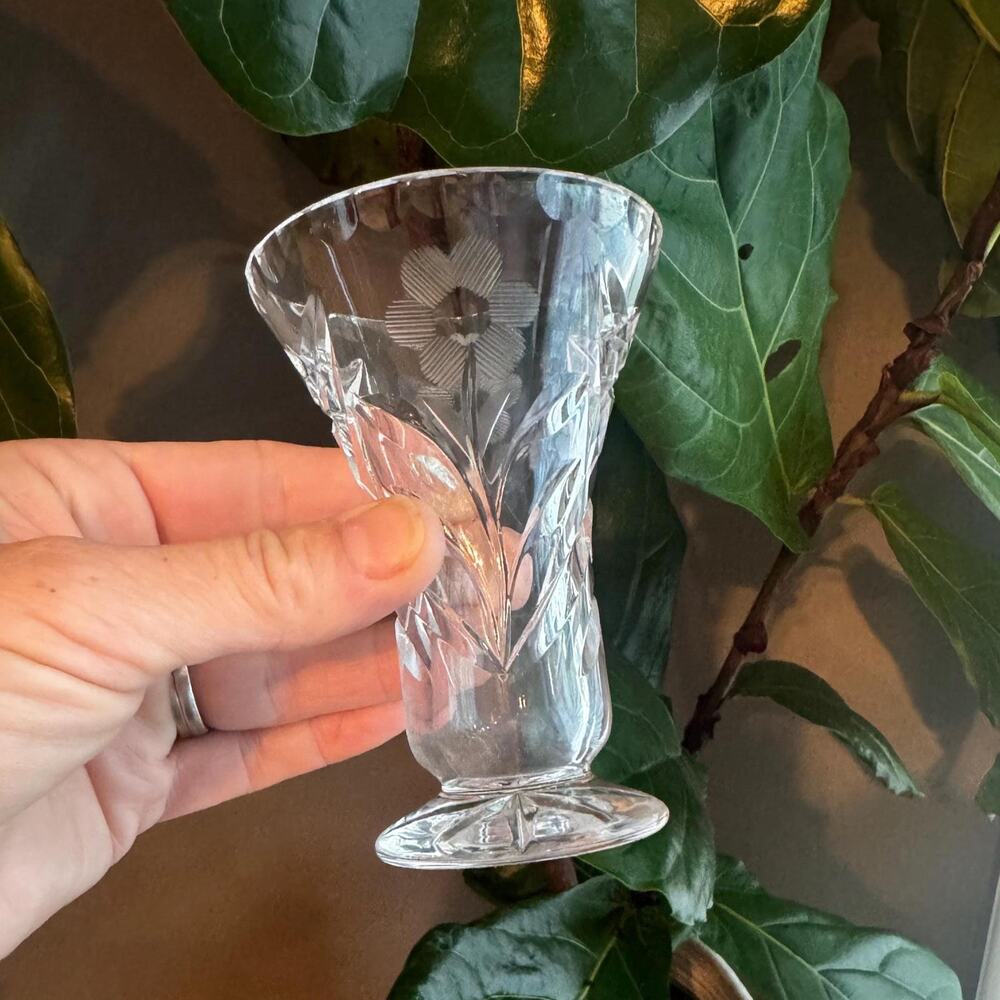 Vintage Crystal Petite Bud Pedestal Vase Etched Floral Motif 4"